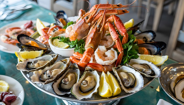 Tasmanian seafood platter with oysters, lobster, prawns, mussels and lemon wedges.